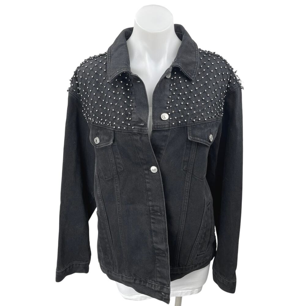 Topshop Black Rhinestone Embellished Button Denim Jeans Moto Coat Jacket Size 10